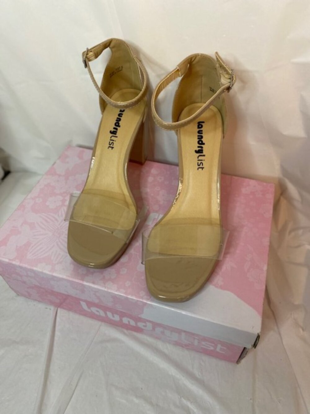 Laundry List Nude Clear Strap Ankle Buckle Block Heels Sandal Women's Size 7M
